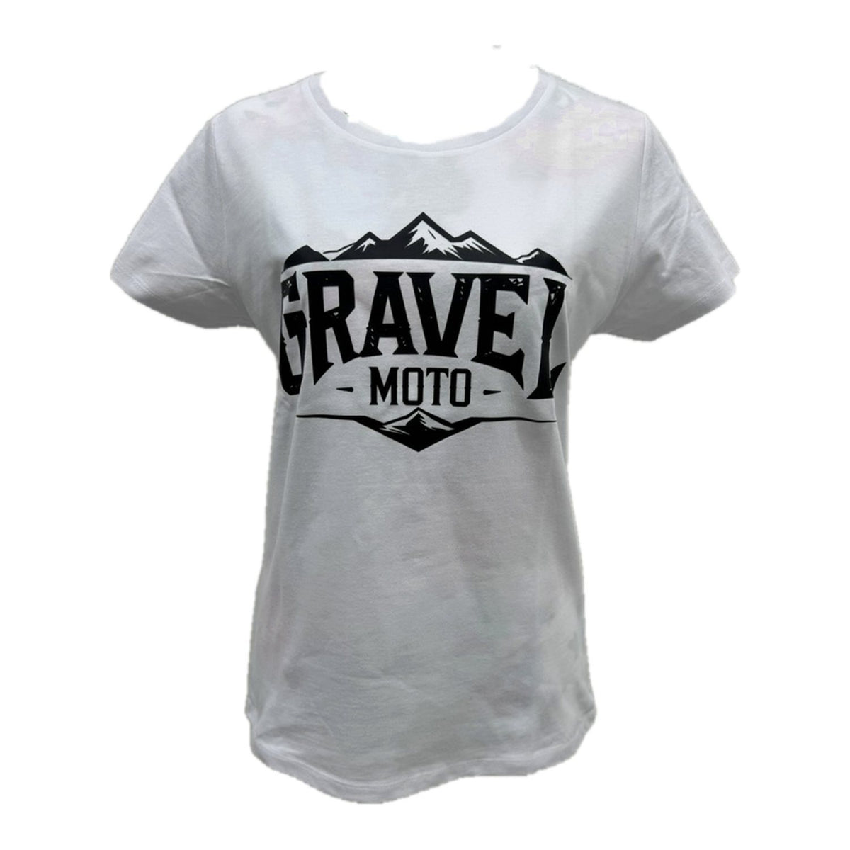 Tee shirt femme Gravel Moto logo montagne blanc imprimé noir