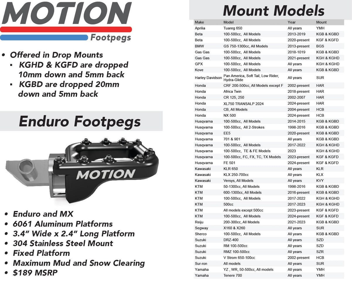 REPOSE-PIEDS FLEX-MOUNT ABAISSÉS MOTION FACTORY RACING KTM / HUSQVARNA / GAS GAS 2016-2023 (KGHD)