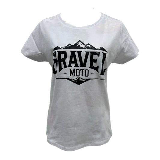Tee shirt femme Gravel Moto logo montagne blanc imprimé noir
